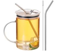 SWEWARM Bicchiere in vetro borosilicato da 1000 ml, con coperchio a prova di perdite e cannuccia in acciaio, resistente al calore/freddo, per frullati, tè, caffè e bevande tutto il giorno