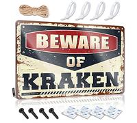 SWFG Divertente cartello con scritta in lingua inglese "Beware of Kraken", in latta, per garage, uomini, decorazione per grotte (20 x 30 cm)