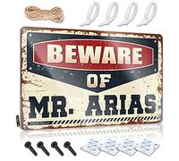 SWFG Targa in metallo con scritta in lingua inglese "Beware of Mr. Arias" (lingua italiana non garantita), per camera da letto dei ragazzi, divertente, 20 x 30 cm