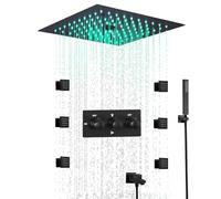 SWHC LED Termostatico Sistema Doccia, Colonna Doccia A Incasso Multifunzionale Set con 30 x 30 cm Soffione Doccia a Pioggia, Rubinetto per Vasca, 6 getti 50 mm per Il Corpo co, Doccia a Mano, Nero