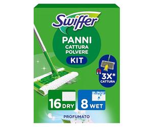 Swiffer 3D, Starter Kit Manico Scopa + 16 Panni Pavimenti + 8 Lavapavimenti