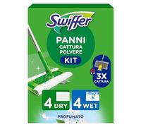 Swiffer Starter Kit Catturapolvere E Lavapavimenti Per La Pulizia Di Pavimenti In Legno E Altri Materiali, Include: 1 Scopa, 4 Panni Catturapolvere, 4 Panni Lavapavimenti