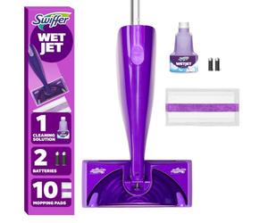 Swiffer WetJet - Kit di pulizia per pavimenti e pavimenti in legno duro, include: 1 Power Mop, 10 tamponi, soluzione di pulizia, batterie