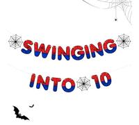Swinging Into 10 Banner - Spider Web Superhero Decorazioni per feste di compleanno per ragazzi, striscione glitterato pre-infilato, forniture per feste con eroe fumetto rosso, blu nero, ghirlanda di