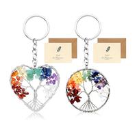 SwirlColor Albero della Vita Portachiavi 2 pz, Bella Forma Rotonda di Cuore 7 Chakra Healing Crystal Albero della Vita portachiavi Pendente Fortunato Gemstone Portachiavi con 2 Carte