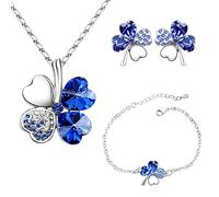 SwirlColor Lucky Clover Collana Orecchini Four Leaf Clover Bracciali Ciondolo Catena Regolabile Set Peach Heart Strass Crystal intarsiato Gioielli per Ragazze Donna (blu)