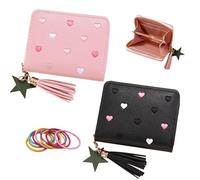 SwirlColor Portafoglio Bambino, 2Pezzi Carino Ricamo Cuore Sottile Piccoli Portafoglio Ragazza con Nappa Cerniera portafoglio Slim Donna Teens Ragazze con Nastri di Gomma Colorati (Rosa+Nero)