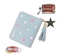 SwirlColor Portafoglio Bambino, Carino Ricamo Cuore Sottile Piccoli Portafoglio Ragazza con Nappa Cerniera portafoglio Slim Donna Teens Ragazze con Nastri di Gomma Colorati (Blu)