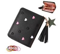 SwirlColor Portafoglio Bambino, Carino Ricamo Cuore Sottile Piccoli Portafoglio Ragazza con Nappa Cerniera portafoglio Slim Donna Teens Ragazze con Nastri di Gomma Colorati (Nero)