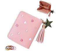 SwirlColor Portafoglio Bambino, Carino Ricamo Cuore Sottile Piccoli Portafoglio Ragazza con Nappa Cerniera portafoglio Slim Donna Teens Ragazze con Nastri di Gomma Colorati (Rosa)