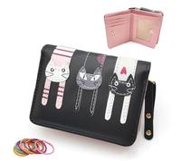 SwirlColor Portafoglio Donna Piccolo, Mini Portafoglio Gatto Carino da Ragazza Con Cerniera Bifold Portafoglio in Formato Corto in Pelle PU, con Elastici Colorati - Nero