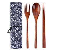 SwirlColor Set di Posate in Legno, 3PZ Riutilizzabile Stile Giapponese Bacchette di Legno Forchetta e Cucchiaio Portable Tovaglia Kit con Caso per Campeggio Pinic Travel Work