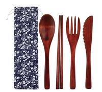 SwirlColor Set posate da viaggio, 4 pezzi riutilizzabili e portatili set di posate in legno con 1 x cucchiaio, 1 x forchetta, 1 x bacchette, 1 x coltello e sacchetto