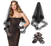 SwirlColor velo da sposa di halloween e breve guanti pizzo, velo da sposa in pizzo nero con pettine floreale guanti in pizzo per donna per costume di Halloween della gallina nuziale