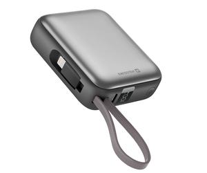 Swissten Batteria Esterna 10000mAh con Cavi USB-C e Lightning Ultra-Compatta, Argento