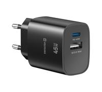Swissten, Caricatore USB-C 45W Power Delivery e USB-A Quick Charge 3.0 18W, Nero
