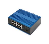 DIGITUS Switch di rete PoE - 9 porte Gigabit Ethernet - 8x RJ45 + 1x porta SFP - Non gestito - 10/100/1000 Mbps - Montaggio su guida DIN e a parete - IP40 - Serie industriale - Blu