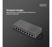DIGITUS Switch di rete - 8 porte - Gigabit Ethernet 10/100/1000 Mbit/s - non gestito - Auto-MDI/MDI-X - Plug & Play - senza ventola - 8 porte RJ45 - nero
