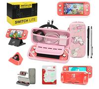 Switch Lite Accessories Bundle, Kit con custodia per il trasporto, Custodia in TPU con protezione dello schermo, Dock di ricarica, Playstand, Custodia per carte di gioco, Cavo USB, Pennino, Impugnatura per pollice per Nintendo Switch Lite (rosa)