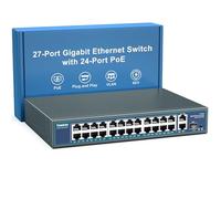 Switch PoE Gigabit 24 Porte Non Gestito, YuanLey 27 Porte Gigabit PoE con 2 Uplink & 1 SFP, Rackmount, Alimentatore Integrato 400W, Supporta 802.3af/at, Plug and Play, VLAN One-Key, Case in Metallo