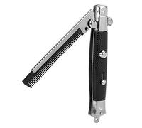 Switchblade - Pettine pieghevole per capelli in acciaio inox con bottone automatico, spazzola per saltare a molla in metallo per barba, accessorio per acconciature a olio da uomo (1#L, nero)