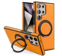 Swivel Stand Premium Leather Case For Samsung Galaxy S25 Ultra, Business Magnetic Anti-Fall Bracket Protective Case for Samsung Galaxy S24 S23 Series (S25Edge,Orange)