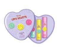 Swizzels Love Hearts - Set regalo con balsamo per le labbra, aromi: ciliegia, menta e vaniglia, scatola a forma di cuore, per ragazze e donne