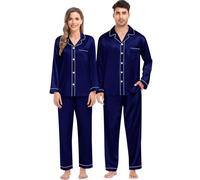 SWOMOG Set di pigiama in seta coordinato per la famiglia, coppia, con bottoni, 2 pezzi, biancheria da notte a maniche lunghe, pigiama in seta notturno, set da uomo, blu navy intenso, M