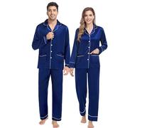 SWOMOG Set di pigiami abbinati per la famiglia, per donne, uomini e bambini, in raso di seta, 2 pezzi, a maniche lunghe, con bottoni, con 2 tasche, Blu navy, M
