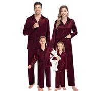 SWOMOG Set di pigiami abbinati per la famiglia, per donne, uomini e bambini, in raso di seta, 2 pezzi, a maniche lunghe, con bottoni, con 2 tasche, Rosso Vino Profondo, L