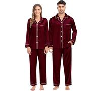 SWOMOG Set pigiama in seta abbinato, per la famiglia, coppia di bottoni, 2 pezzi, biancheria da notte a maniche lunghe, seta, Vino rosso profondo, XXL