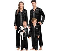 SWOMOG Set pigiama in seta abbinato, per la famiglia, coppia di bottoni, 2 pezzi, biancheria da notte a maniche lunghe, seta, Nero , L