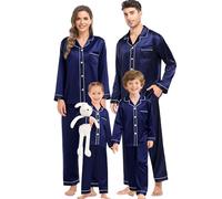 SWOMOG Set pigiama in seta abbinato, per la famiglia, coppia di bottoni, 2 pezzi, biancheria da notte a maniche lunghe, seta, Blu marino profondo, S