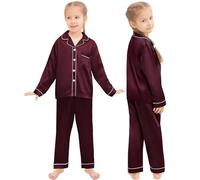 SWOMOG Set pigiama in seta abbinato, per la famiglia, coppia di bottoni, 2 pezzi, biancheria da notte a maniche lunghe, seta, Vino rosso profondo, 8-9 Jahre