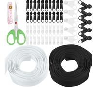 Swpeet 10 rotoli di nastro per cerniera in nylon bianco e nero da 3 m, con 50 pezzi di testa e forbici, kit righello, rotolo di cerniera di ricambio con cerniera a doppio cursore e cerniera singola,