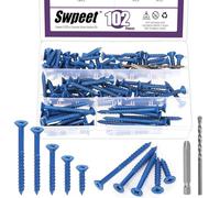 Swpeet 102 pezzi, 5 misure, ancoraggi per viti per calcestruzzo a testa piatta da 1/4" con punta per cacciavite e manuale di perforazione, kit assortimento, viti per calcestruzzo autofilettanti per