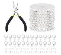 Swpeet 102Pcs Argento 3mm Kit di catene per la creazione di gioielli con anelli a cavallotto, pinze aragosta e pinza per gioielli, catene per collane, catene a maglie piatte ideali per