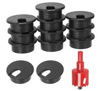 Swpeet 11 pezzi Passacavi da scrivania nero con sega a forare, organizzatori ordinati per fori dei cavi, passacavi da scrivania con foro per cavi, 1 pezzo Sega a forare da 35 mm con mandrino per