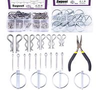 Swpeet 121Pcs 4 misure Bianco Zinco Lynch Pin con Anello e 304 In Acciaio Inox Coppiglia per Capelli Gancio e Clip a forma di R Fissaggio con Ago Pinze Kit per Trattori Agricoli Rimorchi