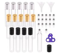 Swpeet 15 bottiglie di vetro trasparenti da 10 ml con 17 sfere in acciaio inox, 15 coperchi colorati, 1 apribottiglie, 2 imbuti, bottiglie di profumo ricaricabili con protezione a rullo, in totale 50