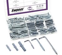 Swpeet 150Pcs 3 Dimensioni Ganci Angolati Quadrati Blu e Bianchi in Metallo con Viti e Tubi di Espansione, Kit Assortito, Viti Autofilettanti a Forma di L, Ganci per Cornici Fotografiche ad Angolo