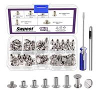 Swpeet 152 viti argentate M5 x 5 mm, 6 mm, 8 mm, 10 mm, 12 mm, rivetti in pelle assortiti con perforatore e cacciavite, viti a testa piatta per fai da te in pelle e rilegatura di libri