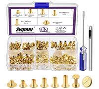 Swpeet 152 viti dorate M5 x 5 mm, 6 mm, 8 mm, 10 mm, 12 mm, rivetti in pelle assortiti con perforatore e cacciavite, viti a testa piatta per fai da te in pelle e rilegatura di libri