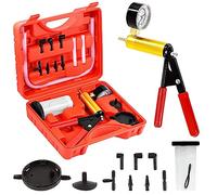 Swpeet 15Pcs - 1Set Red 2 in 1 Handheld Vacuum Pump Brake Bleeder Assortment Kit, Brake System Bleeding Tools Manual Vacuum Pump with Gauge Adapters Replace Brake Oil for Motorcycle, Bike, Car