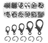 Swpeet 170Pcs Gun Schwarz 10 mm 12 mm 14 mm 16 mm 18 mm Anelli a Molla Aperti e 6 mm Chiusure in Granchio Kit, Kit di Perline per Gioielleria Perfetto per la Fabbricazione Fai-da-Te di Segnalibri