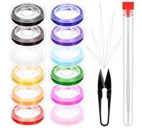 Swpeet 18 rotoli di 12 rotoli di filo elastico in 12 colori e aghi per perline da 45 mm, 60 mm, 75 mm, 100 mm, 115 mm, 125 mm, kit assortito di forbici a U, aghi per perline con occhi grandi, filo