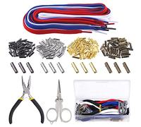 Swpeet 207Pcs 4 colori 4x20mm Aglets metallo a forma di proiettile Lacchetti punte testa e piatto Lacchetti scarpa di cotone sostituzione con pinze naso e forbici Kit assortimento per sneakers tela