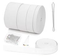 Swpeet 4 rotoli da 20 metri, larghezza bianca 10 mm, 20 mm, 30 mm, 40 mm, filo elastico e ago con testa in vetro, kit di spilli per cucito da 5,5 yards