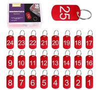 Swpeet 50Pcs 1-25 Numero Numero in Alluminio Rettangolo Rosso Etichette con Portachiavi Kit Assortimento, Tag Portachiavi in Metallo con Etichette Chiave Numerate per la Codifica