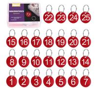 Swpeet 50Pcs 1-25 Numero Rosso Rotondo Numero in Alluminio Etichette con Portachiavi Kit Assortimento, Etichetta Portachiavi in Metallo con Etichette Chiave Numerate per la Codifica, Decorazione